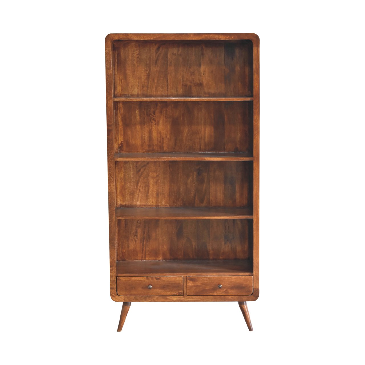 Curved solid mango wood bookcase in a chestnut finish — handcrafted mango wood furniture