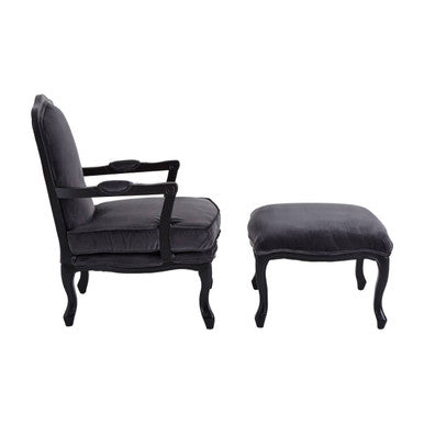 Rococo Grey Velvet Chair and Footstool Set – in room setting