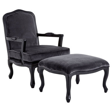 Rococo Grey Velvet Chair and Footstool Set