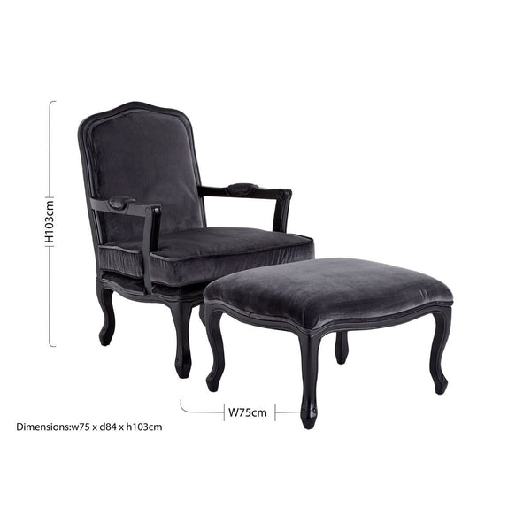 Rococo Grey Velvet Chair And Footstool