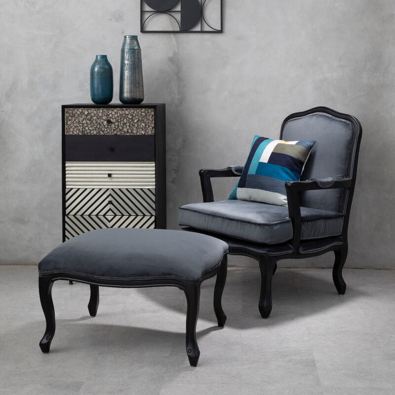 Rococo Grey Velvet Chair and Footstool Set