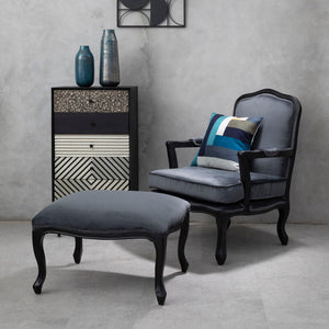 Rococo Grey Velvet Chair and Footstool Set