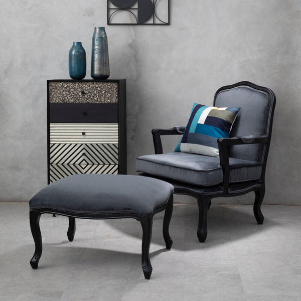 Rococo Grey Velvet Chair and Footstool Set