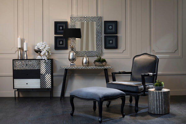 Rococo Grey Velvet Chair and Footstool Set – detail