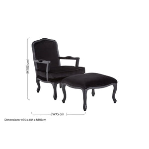 Rococo Black Shiny Velvet Chair And Footstool