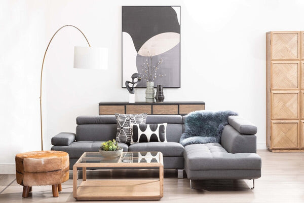 Hanover Grey Linen Corner Sofa with Adjustable Headrests – angle view