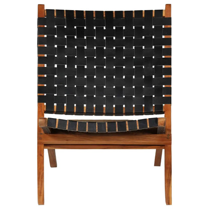 Folding Chair Crossed-Stripe Black Real Leather - Living with Luxury