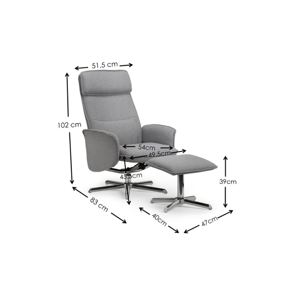 Aria Recliner Chair With Stool - Grey Linen