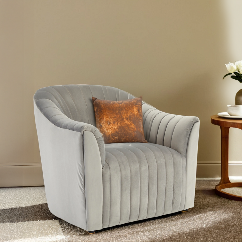 Opel Grey Velvet Channel Tufted Armchair