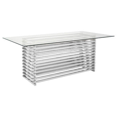 Silver Dining Table with Clear Tempered Glass Top | Vogue – in room setting