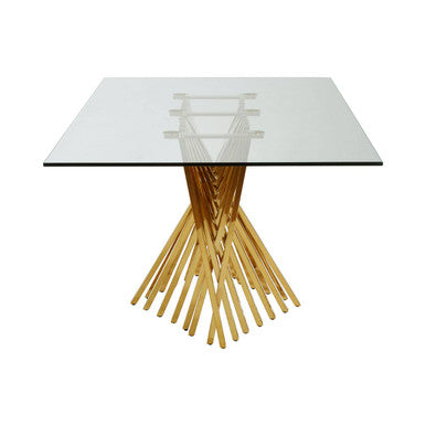 Arezzo Clear Glass Large Dining Table with Gold Finish Base – in room setting