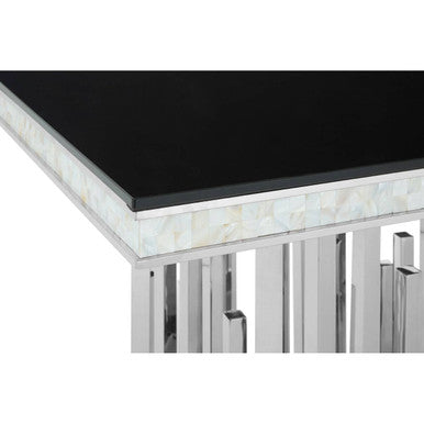Eliza Black Glass and Silver Finish Rectangular Dining Table – in room setting