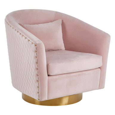 Plazoni Pink Velvet Swivel Chair with Gold Finish Base – in room setting