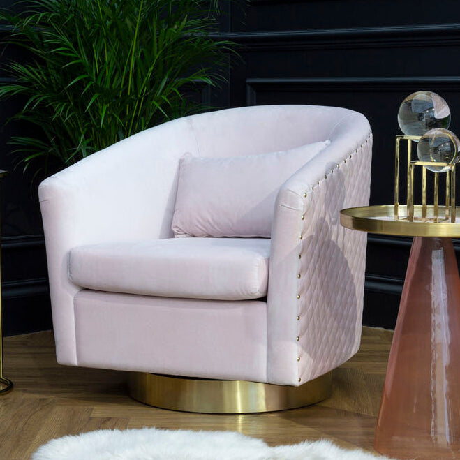 Plazoni Pink Velvet Swivel Chair with Gold Finish Base