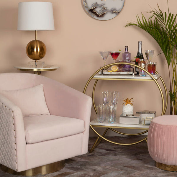 Plazoni Pink Velvet Swivel Chair with Gold Finish Base – detail