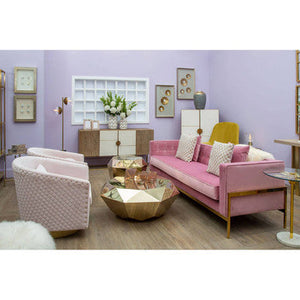 Plazoni Pink Velvet Swivel Chair with Gold Finish Base – angle view