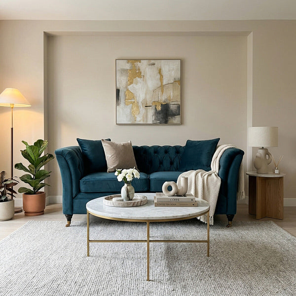 Sabrina Midnight Blue Velvet Button Tufted 2 Seater Sofa – side view 2
