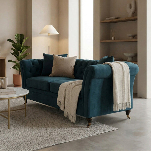 Sabrina Midnight Blue Velvet Button Tufted 2 Seater Sofa – detail