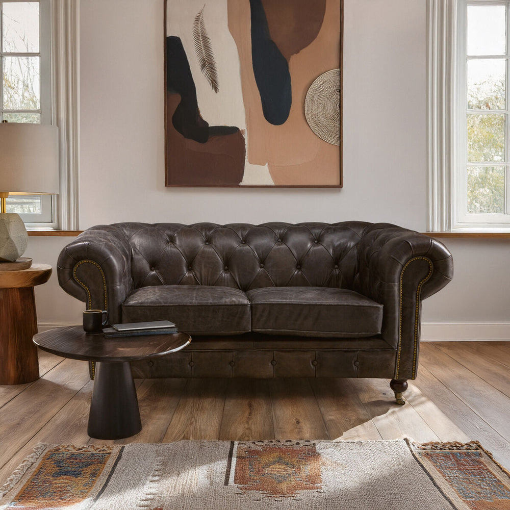 Victor Dark Grey Brown Leather 2 Seater Chesterfield Sofa