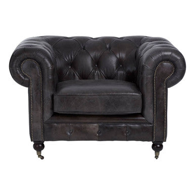 Victor Dark Grey Brown Leather Chesterfield Chair – side view