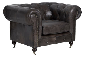 Victor Dark Grey Brown Leather Chesterfield Chair – in room setting