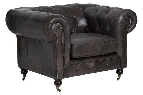 Victor Dark Grey Brown Leather Chesterfield Chair – in room setting