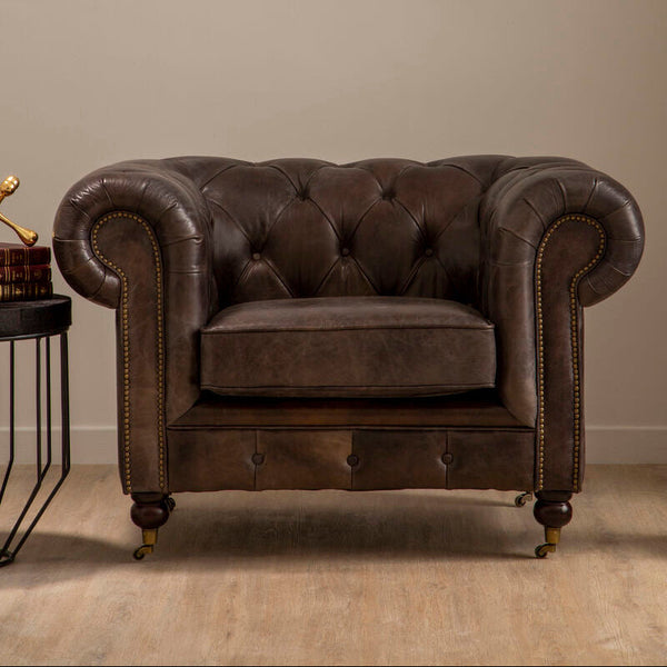 Victor Dark Grey Brown Leather Chesterfield Chair – front view