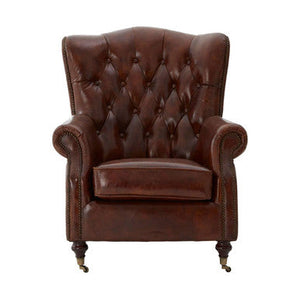 Victor Mocha Brown Leather Scroll Armchair with Button Tufted Backrest – side view