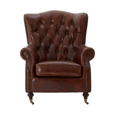Victor Mocha Brown Leather Scroll Armchair with Button Tufted Backrest – side view