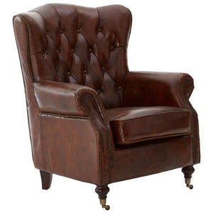 Victor Mocha Brown Leather Scroll Armchair with Button Tufted Backrest – in room setting