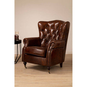 Victor Mocha Brown Leather Scroll Armchair with Button Tufted Backrest – detail