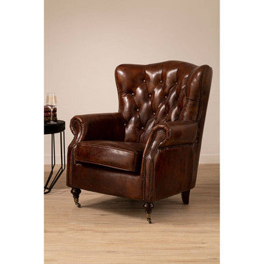 Victor Mocha Brown Leather Scroll Armchair with Button Tufted Backrest – detail