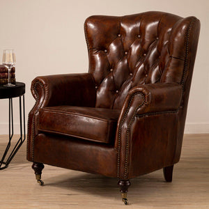 Victor Mocha Brown Leather Scroll Armchair with Button Tufted Backrest