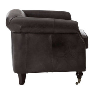 Victor Dark Grey Brown Leather Curved Armchair – in room setting