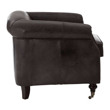 Victor Dark Grey Brown Leather Curved Armchair – in room setting