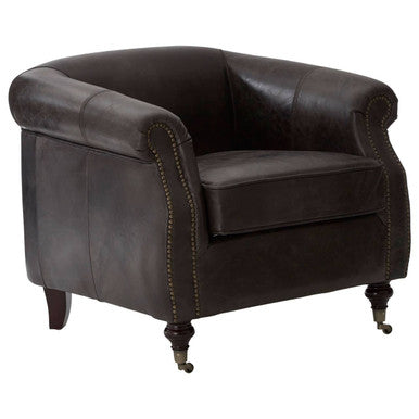 Victor Dark Grey Brown Leather Curved Armchair – in room setting 2