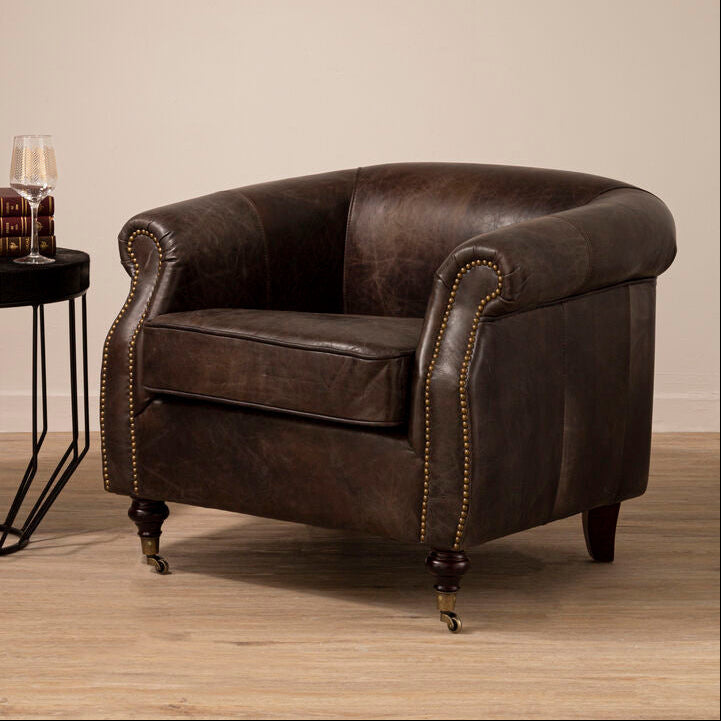 Victor Dark Grey Brown Leather Curved Armchair