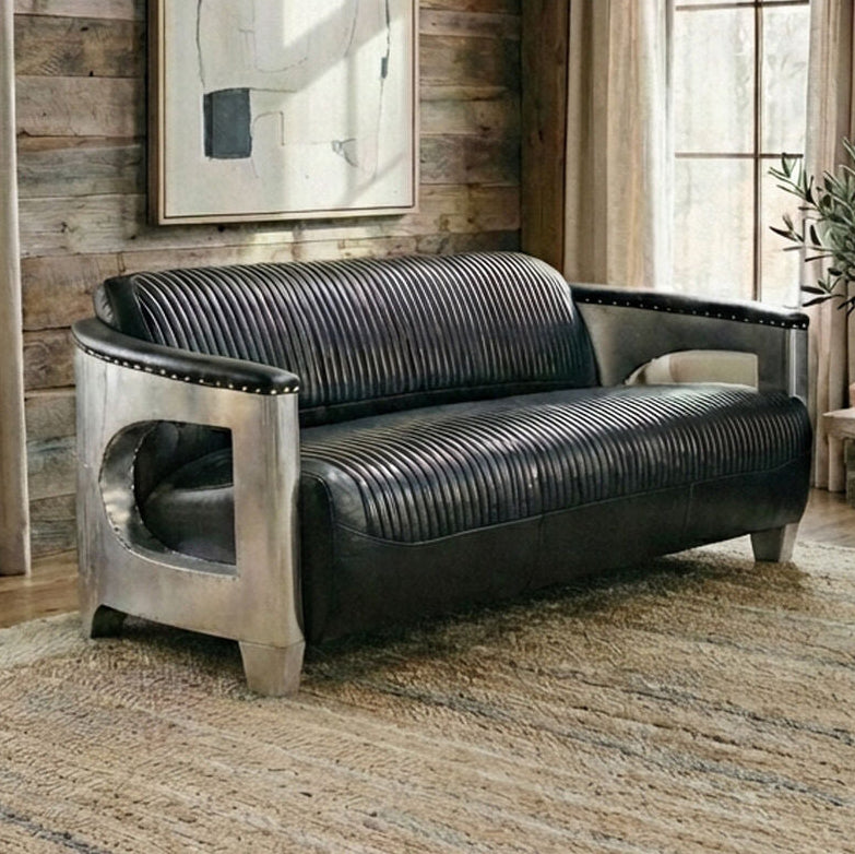 Victor Black Leather Channel Tufted 3 Seater Sofa