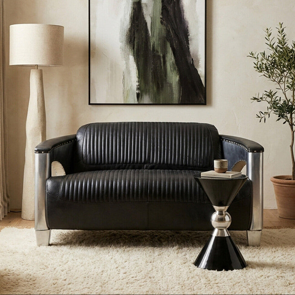 Victor Black Leather Channel Tufted 2 Seater Sofa