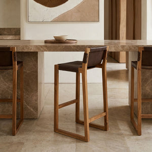 Kendari Brown Leather and Teak Wood Bar Chair – dimensions