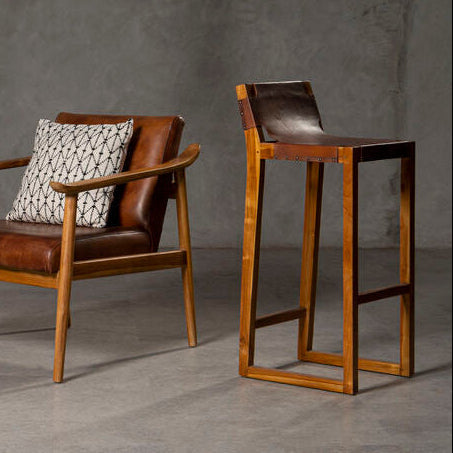 Kendari Brown Leather and Teak Wood Bar Chair
