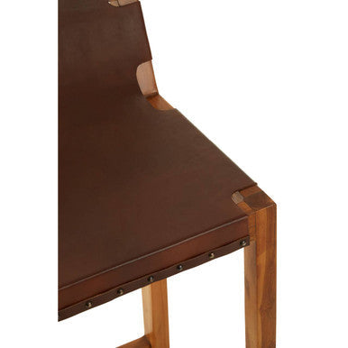 Kendari Brown Leather and Teak Wood Bar Chair – angle view