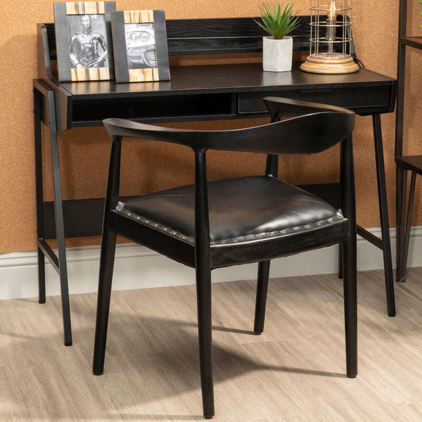 Kendari Black Leather and Teak Wood Chair – side view