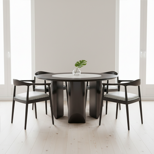 Kendari Grey Leather and Teak Wood Open Back Chair – in room setting