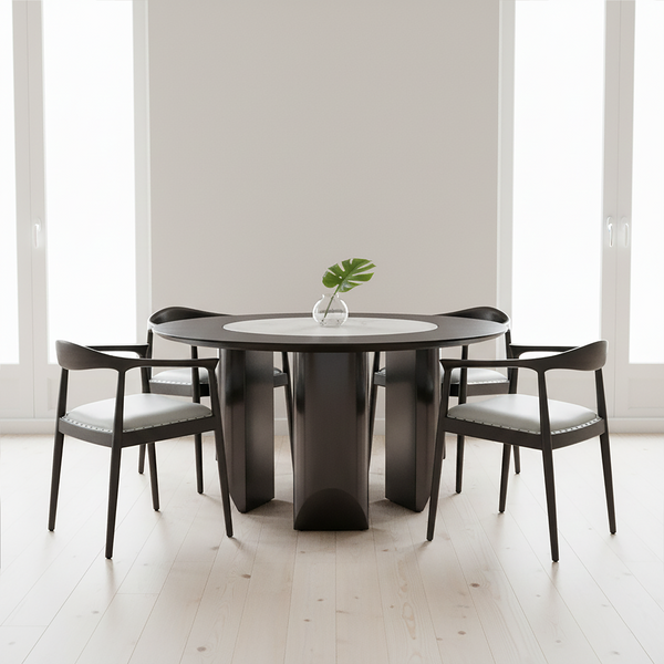 Kendari Grey Leather and Teak Wood Open Back Chair – in room setting