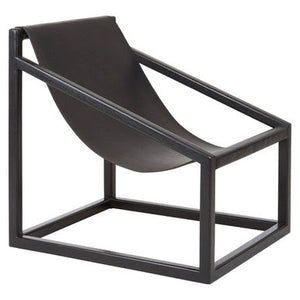 Kendari Black Leather and Teak Wood Sling Chair – in room setting