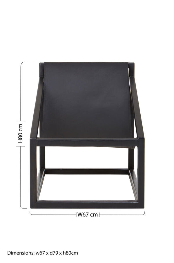 Kendari Black Leather and Teak Wood Sling Chair – angle view