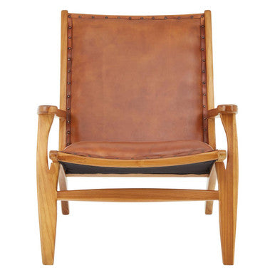 Kendari Brown Leather and Teak Wood Chair with Stud Detail – side view