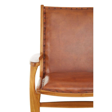 Kendari Brown Leather and Teak Wood Chair with Stud Detail – close-up