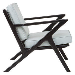 Kendari Grey Leather and Black Teak Wood Armchair – in room setting